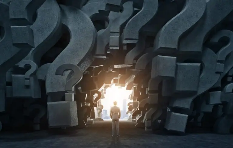 Man leaving a question mark room, close up