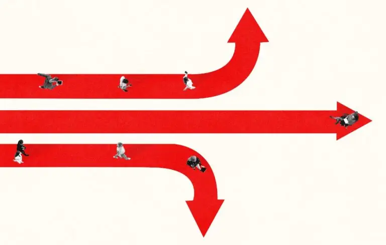 People moving in different directions on red arrows