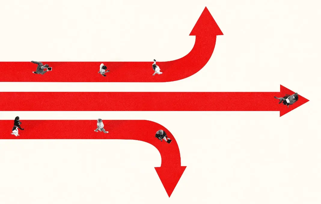 People moving in different directions on red arrows