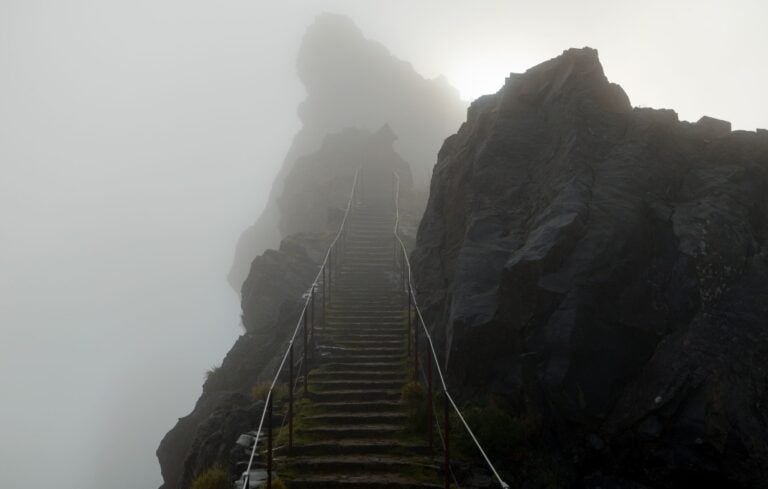 Mountain trail stairs in a fog leading to heaven, Pico do Areeiro, Madeira, Portugal