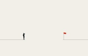 Simple illustration of man looking at red flag on on a broken line