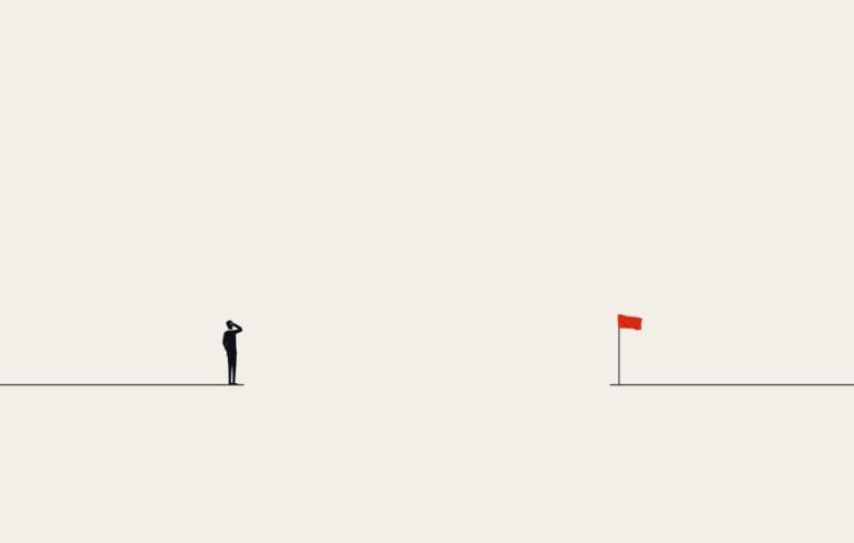 Simple illustration of man looking at red flag on on a broken line
