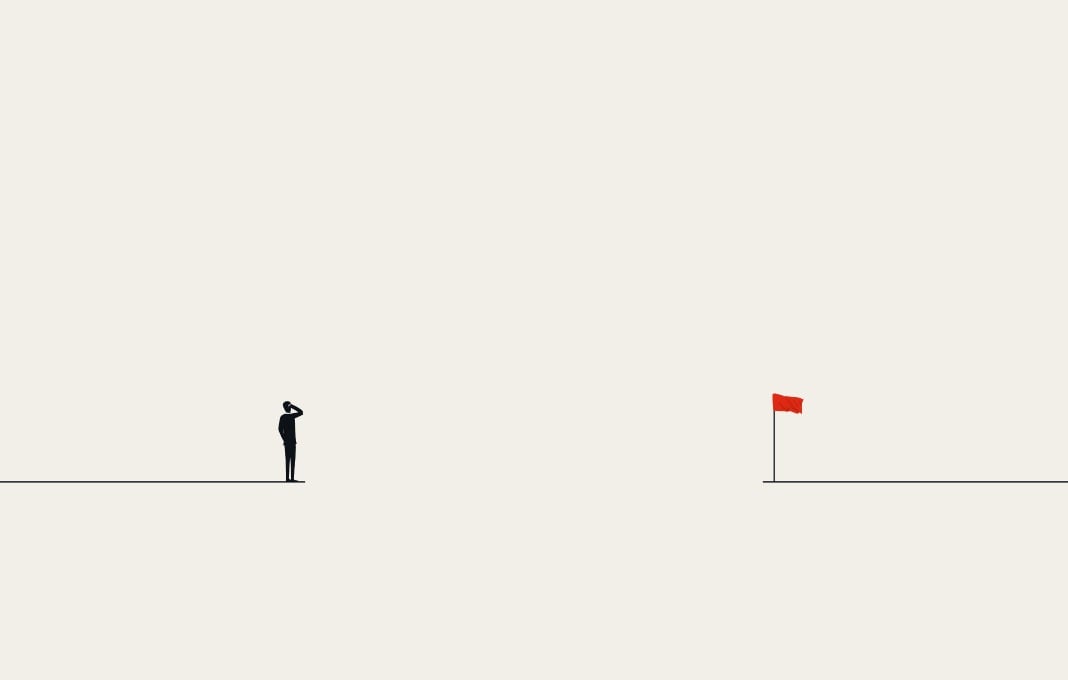 Simple illustration of man looking at red flag on on a broken line