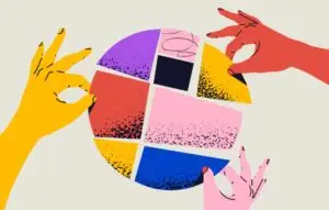 Team work or collaboration or partnership concept illustration with the hands are put together parts of abstract round shape.
