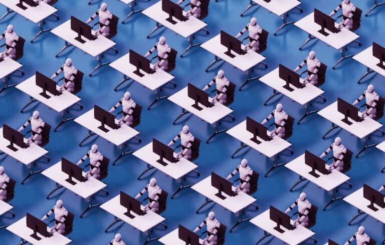 A lot of AI humanoids sitting on a chair and working at office using personal computer.