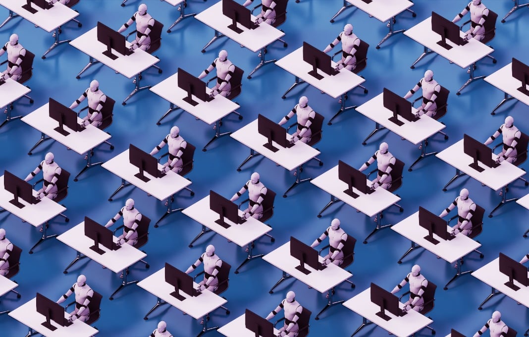 A lot of AI humanoids sitting on a chair and working at office using personal computer.