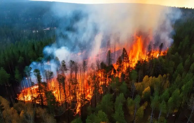 Forest fire disaster, trees burned at night, natural destruction of forest fires, damaged environment caused by global warming