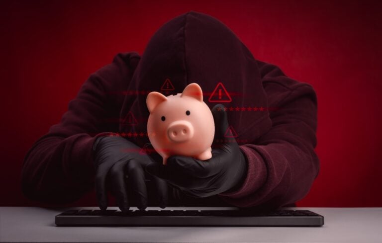 Hacker holding a piggy bank on a red background