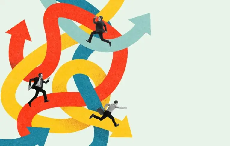 Businessmen running through tangled arrows.