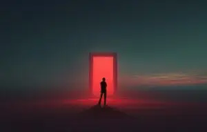 Woman facing red glowing door in dark outdoor landscape
