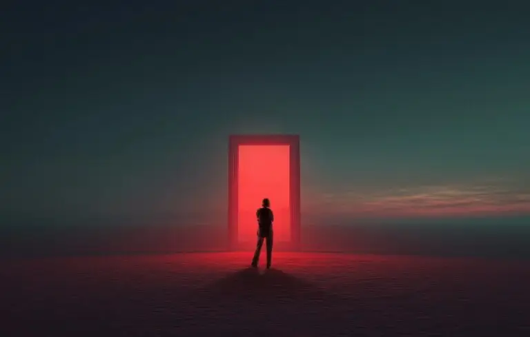 Woman facing red glowing door in dark outdoor landscape