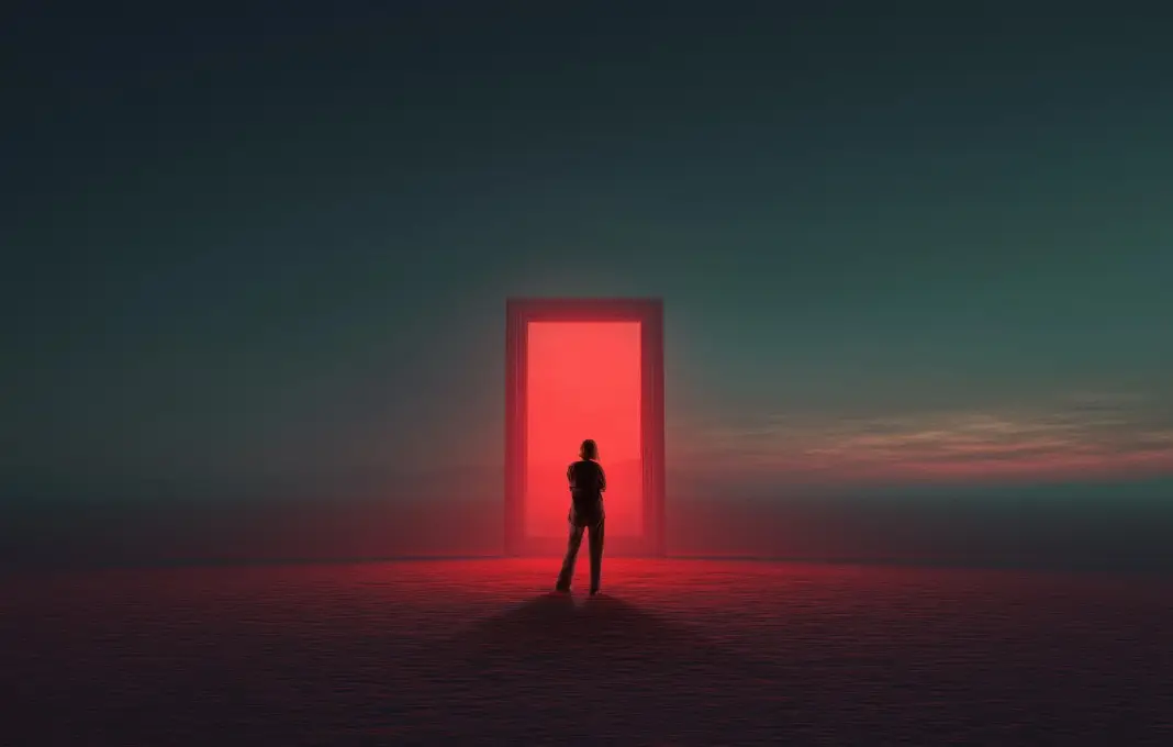 Woman facing red glowing door in dark outdoor landscape