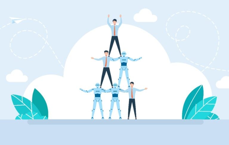 Businessmen and robots building human pyramid together.