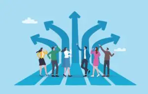 Vector image of group of group of people standing in front of five blue arrows going different directions