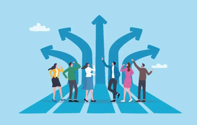 Vector image of group of group of people standing in front of five blue arrows going different directions