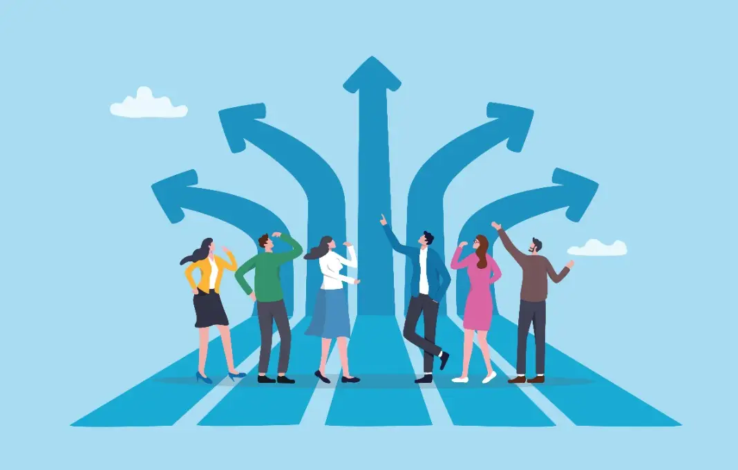 Vector image of group of group of people standing in front of five blue arrows going different directions