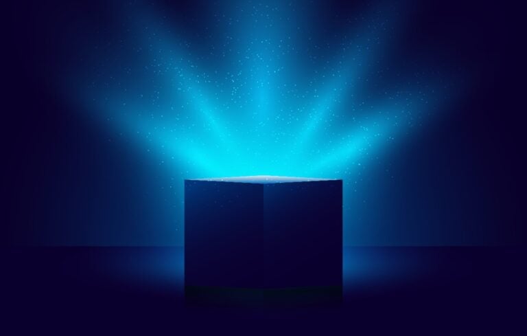 3D blue mystery box with Illuminated lighting glitter on dark background
