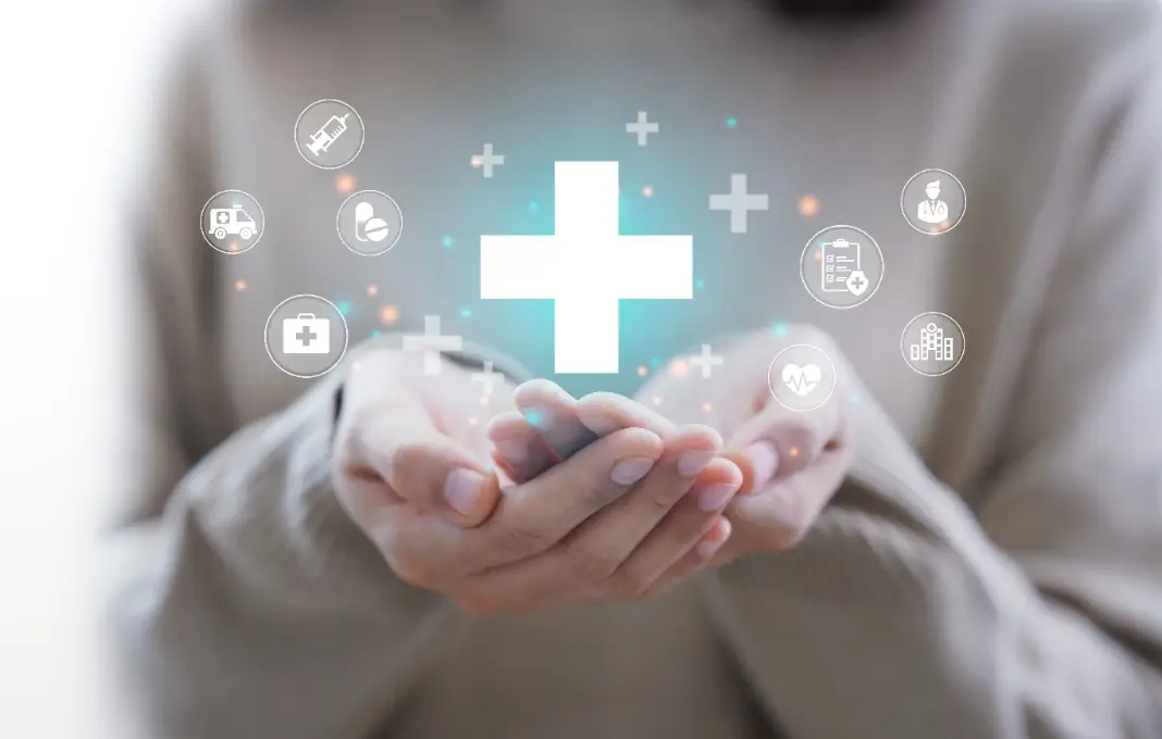 Woman hand holding plus icon for the healthcare medical icon.