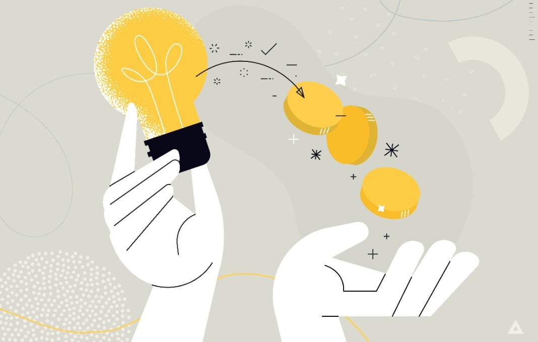 Illustration of pair of hands holding a lightbulb turning into several coins