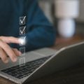 tick check mark in a checklist. concept of online list questionnaire, report, and evaluation. a checkmark in the document survey, form audit, and certificate digital, process of audit