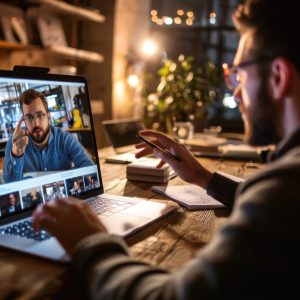 Engaging online education experience a student participating in a virtual classroom setting cozy environment interactive learning modern technology